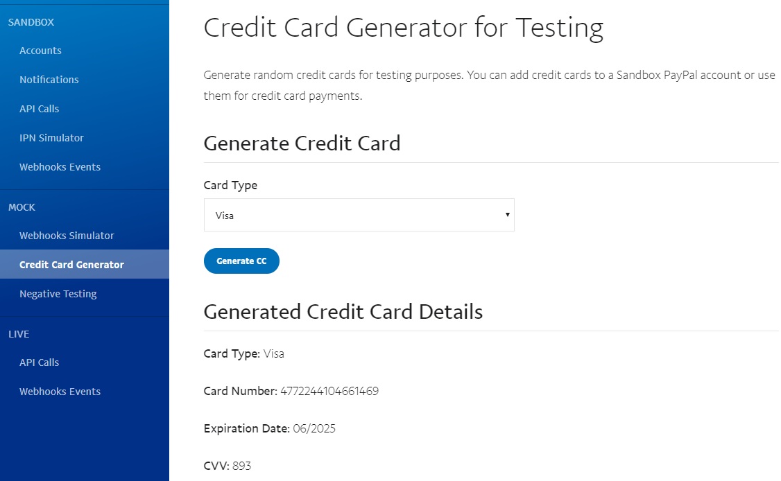 PayPal Test Credit Card Generator