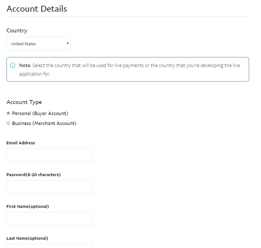 Paypal Sandbox Account Creation Form