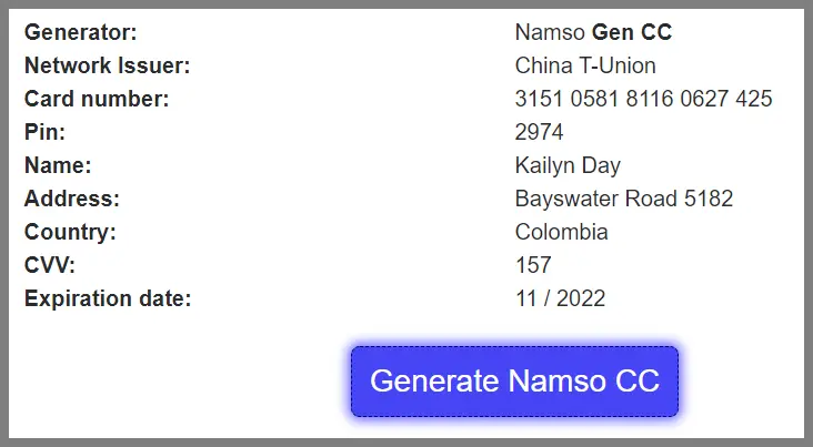 Generated Card Numbers with CVV and Expiration 2021